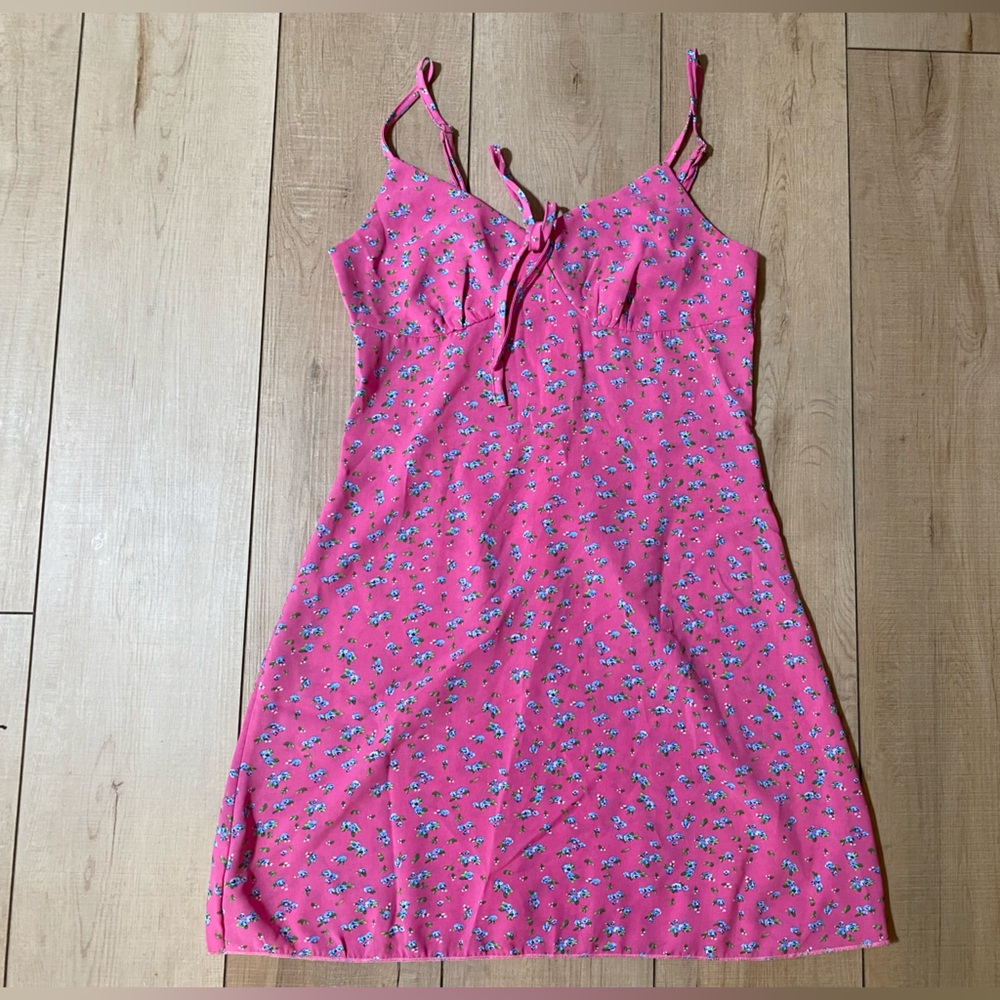 Floral Slip Mini Dress – Pink with Blue Flowers, Size Small